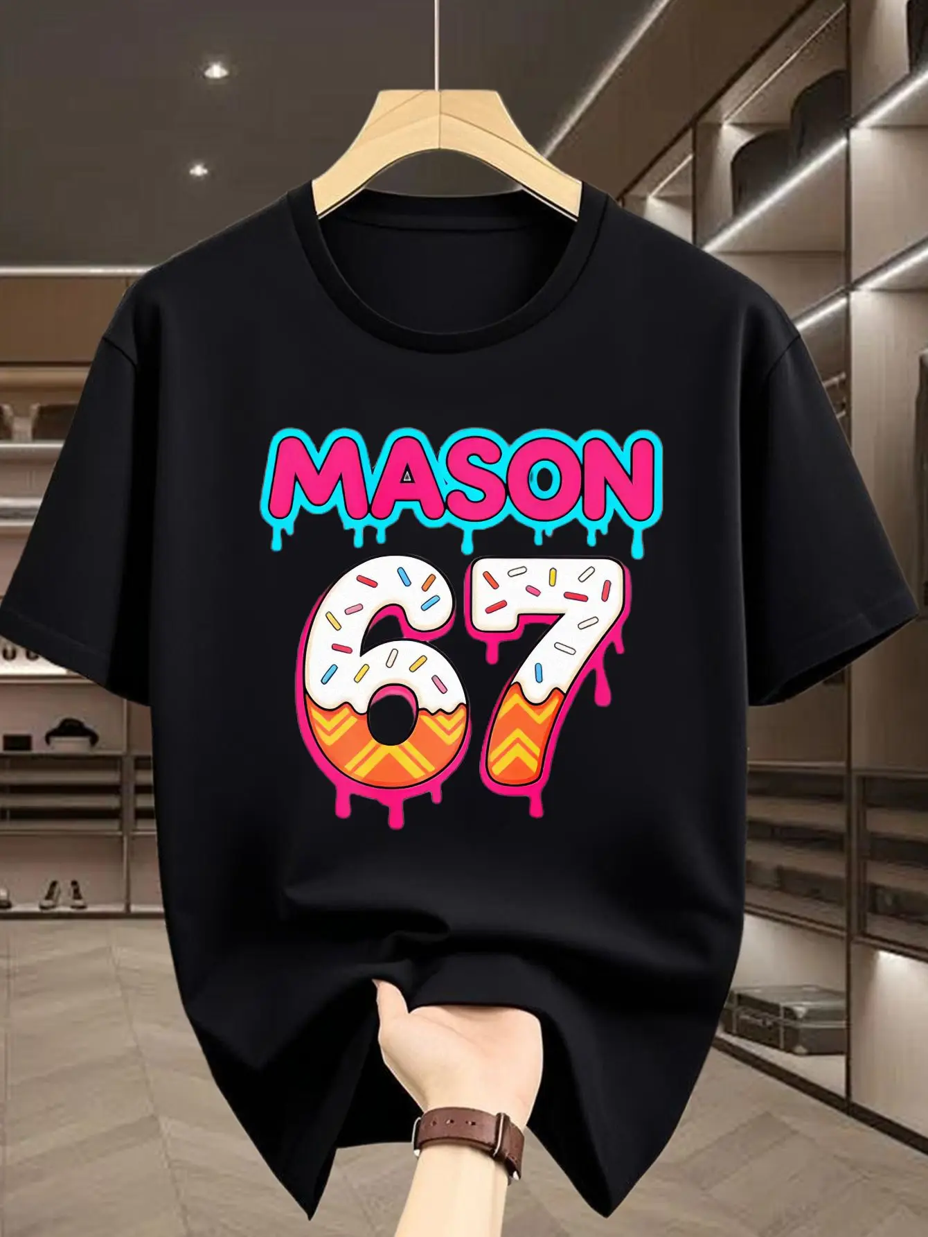 Dripping Mason Text 67 Donut Sprinkle Print Mens Short Sleeve Tshirt Crew Neck Sweet Style Casual Outdoor Daily Comfort Wear