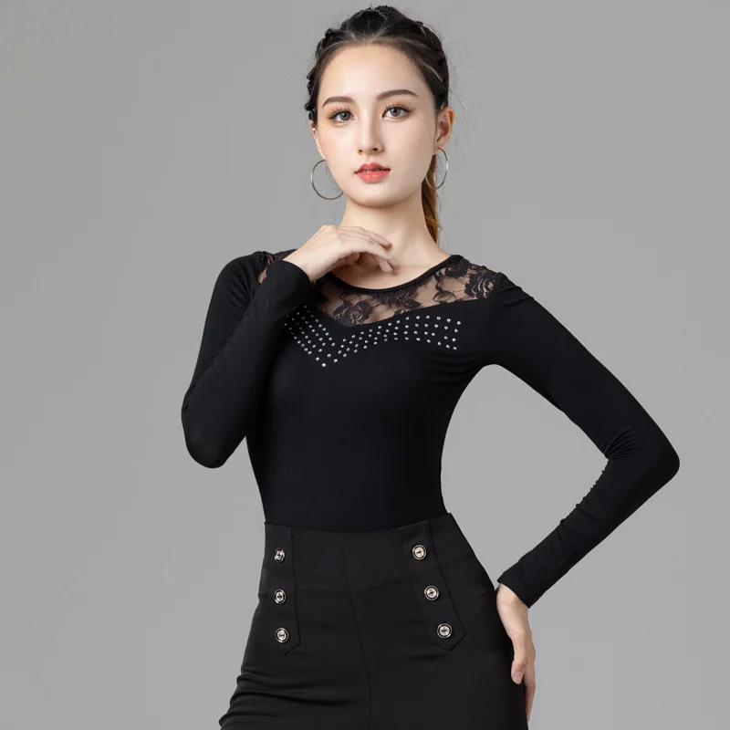 1pcs/lot woman long sleeve latin dance top lady black lace patchwork ballroom walt dancing blouse