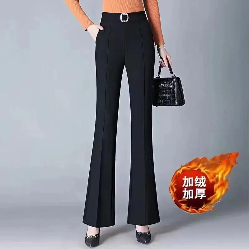 Black Micro-flare Pants for Women in Autumn and Winter New Casual Plus Velvet Straight-leg Suit Pants