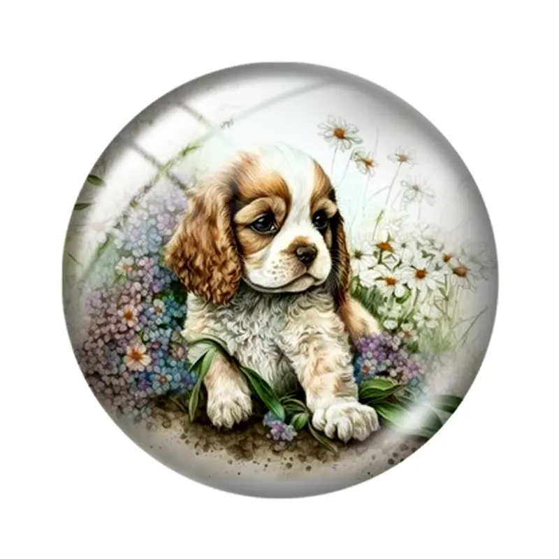 Épagneul à fleurs mignonnes, 10 pièces, 12mm/18mm/20mm/25mm, photo ronde, cabochon en verre, démo, dos plat, résultats de fabrication