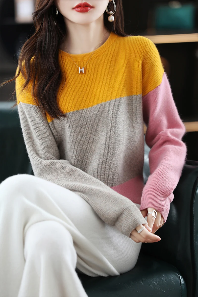 Fashion 100% Merino Wool Sweater Color-blocking O-Neck Cashmere Women Pullover Long Sleeve Comfort Leisure Clothing Tops