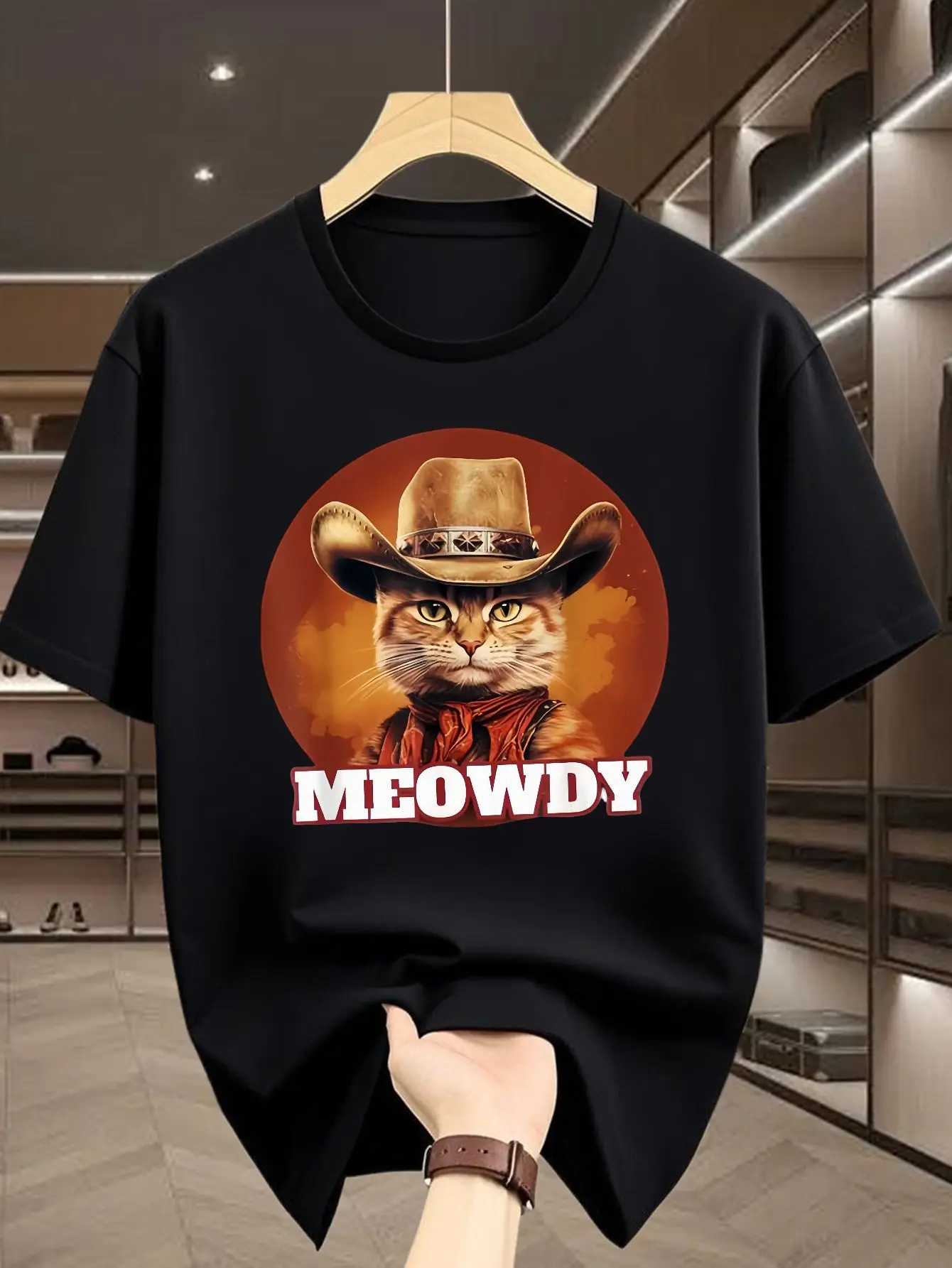 Vintage Cowboy Cat Meowdy Print Mens Short Sleeve Tshirt Crew Neck Western Style Animal Lover Casual Outdoor Daily Comfort Wear