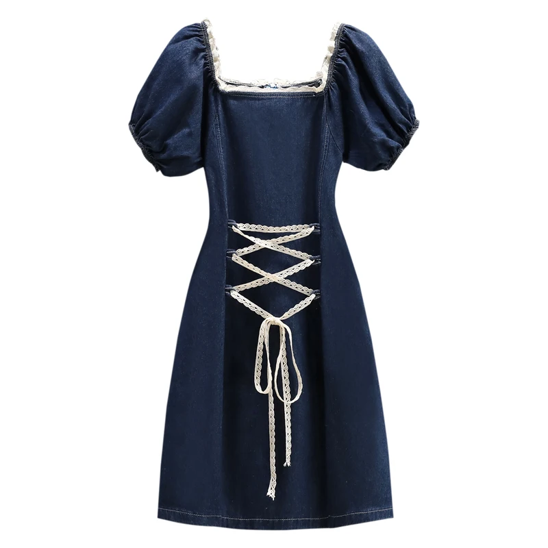 Women Large Size Denim Dress Puff Short Sleeve Square Collar Lace Spaghetti Mini Dresses New Summer Sexy Robe Lady Y2K Clothing