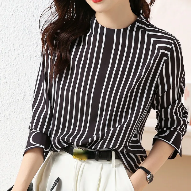 Autumn French Shirt Women Top Casual Fashion Stripe O-Neck Long Sleeve Blouse Office Lady Tops Vintage Loose Clothes Blusa