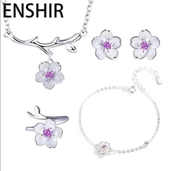 ENSHIR Pink Purple Cherry Blossoms Pendant Necklace Bracelet Earring Ring Jewelry Set For Women Creative Simple Wedding Gifts