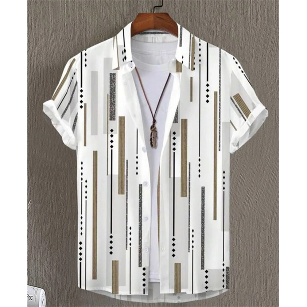 Hawaiian Shirt For Men 3d Stripe Printed Short Sleeved Tops Summer Quick Drying Clothing Simple Loose Oversized Men'S Shirts