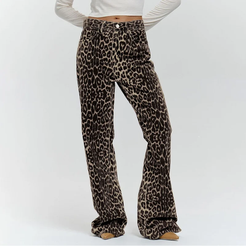 Pantalon large en coton imprimé léopard taille basse pour femmes, style de rue rétro, polyvalent, été, vente en gros, 2024