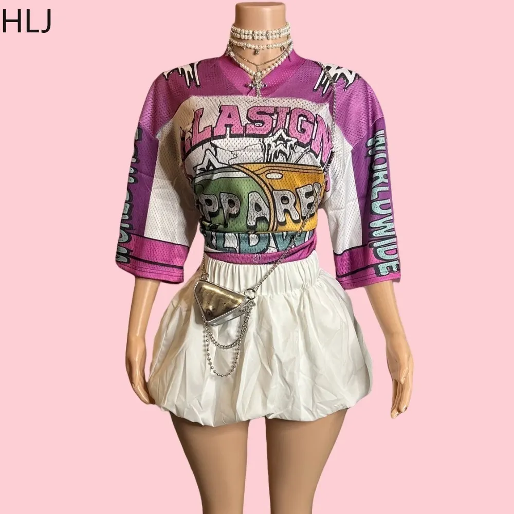 HLJ Purple Fashion Letter Basketaball Tshirt Two Piece Sets Women Outfits Autumn New V Neck Loose Top And Mini Skirts Streetwear