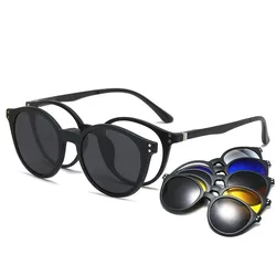 5 In 1 Magnet Sunglasses Women Polarized Clip On Glasses Men Round Prescription Optic Reading Glasses Driving Sun Glasses F