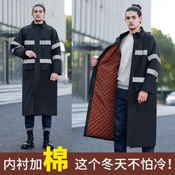 Men's Long Raincoat Winter Thickened Warm Cotton Rain Coat Waterproof Hooded Rain Poncho Outdoor Reflective Stripes Rainwear