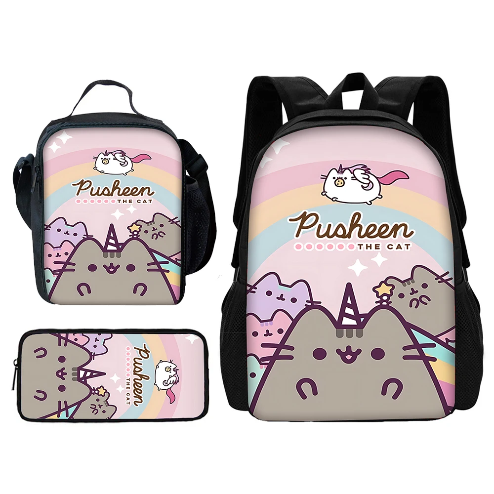 Cute Cat P-Pusheens Child School Backpack with Lunch Bags ,Pencil Bags ,Cartoon School Bags for Boys Girls Best Gift