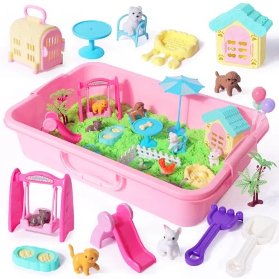 

Сенсорная корзина для домашних животных, игрушка для песка с зеленым волшебным песком весом 2,2 фунта, набор для игры в песок для собак и кошек для мальчиков и девочек, включая 28 шт. аксессуаров для