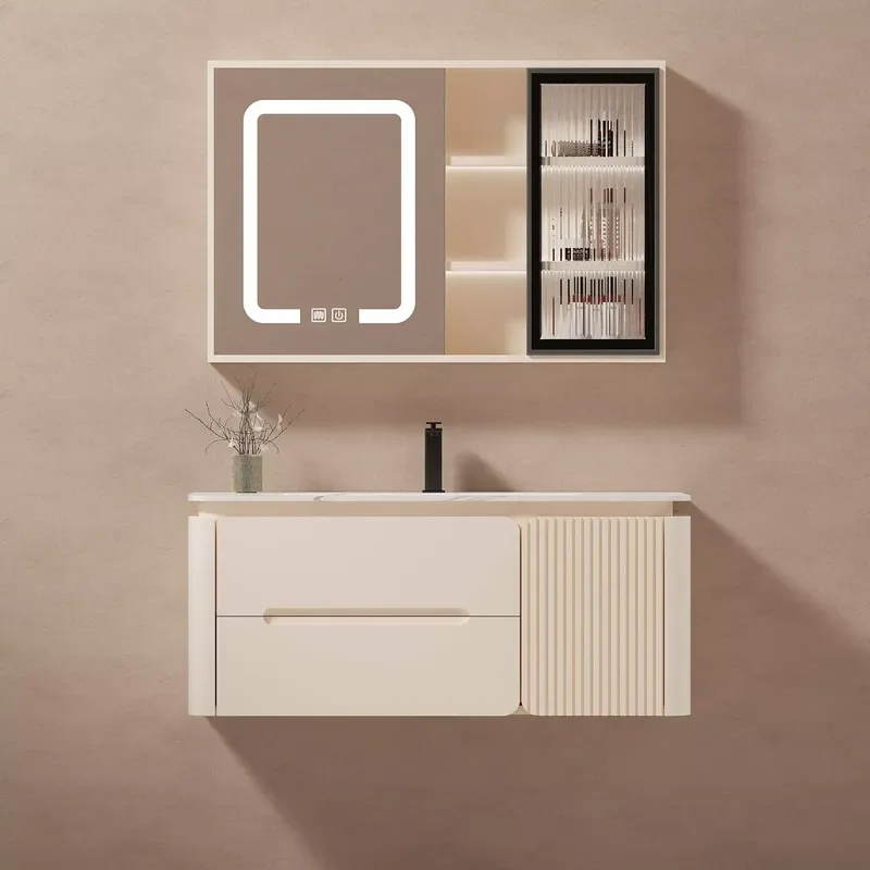 Europe Good Quality Wall Mounted Khaki 18MM PVC High-end Wash Basin Bathroom Cabinet Wall Hung Bathroom Vanity With Smart