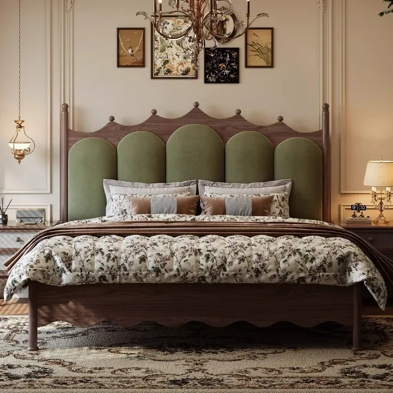 Solid wood 1.8 meters double master bedroom French American medium and retro 1.5 meters single crown soft bag wooden bed