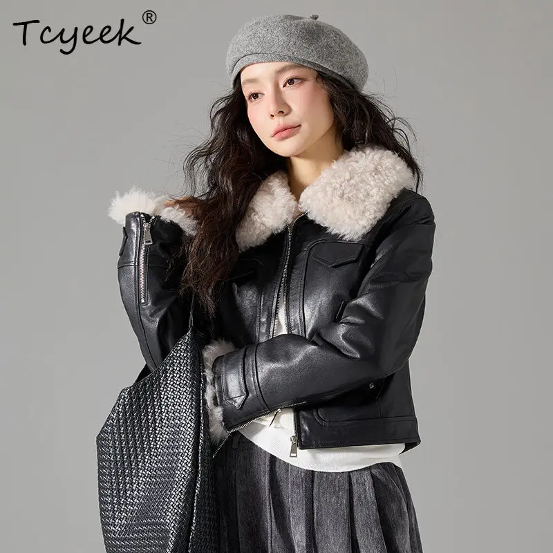 Tcyeek Natural Sheepskin Leather Jacket Women Winter Clothes 90% Goose Down Coat Woman Warm Lamb Wool Collar Vegetable Tanning