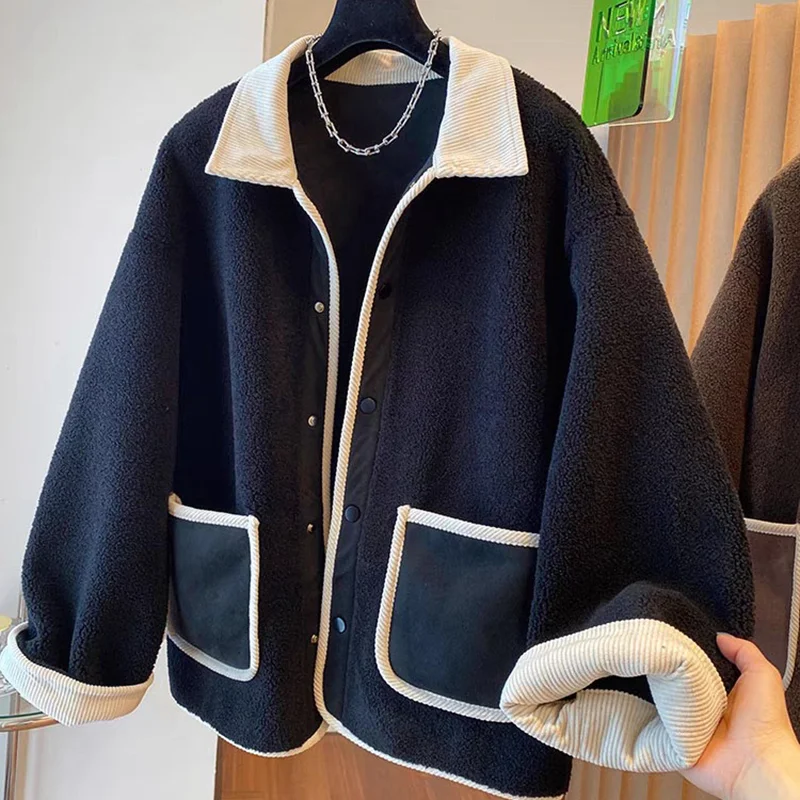 

Turndown Collar patchwork Lamb Wool Sweatshirt Spring Autumn New Loose Casual Jacket Women Long Sleeved Single Breasted Top