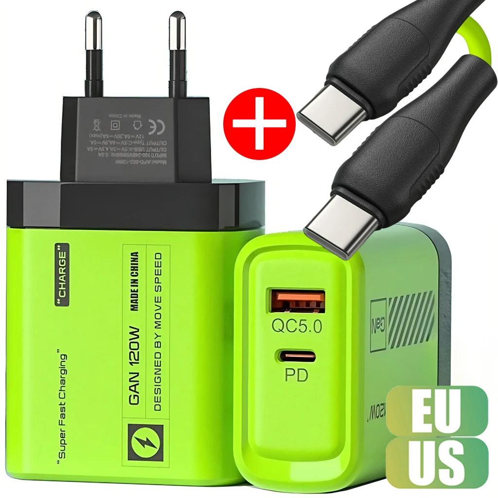 

120W USB C Fast Charger Kit Dual Port Wall Charging Adapter with Cable for IPhone IPad Samsung Xiaomi EU US Plug Power Supply