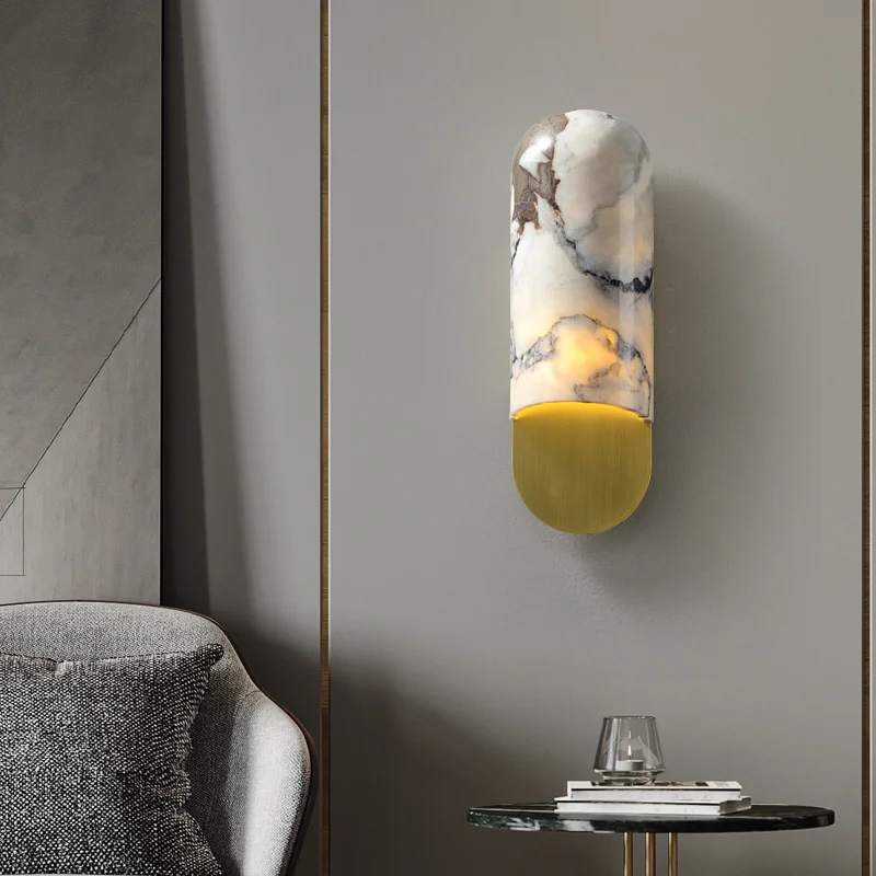 Lámpara de pared de mármol de cobre de lujo, de estilo moderno candelabro de mesita de noche, luces LED de decoración de pasillo de dormitorio