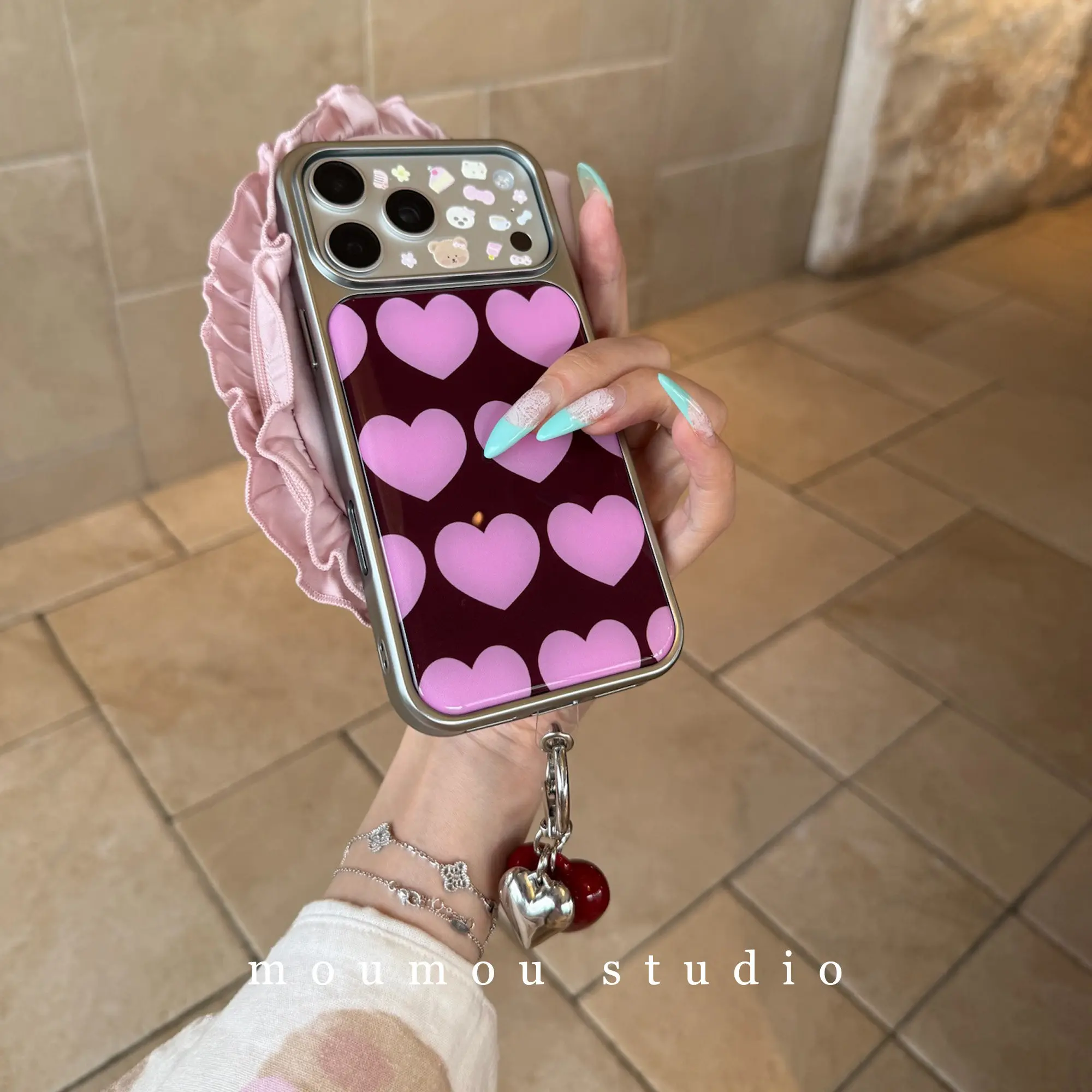 Korean Ins Pink Love Heart Design Electroplated Drip Glue Phone Case For iPhone Ultra 18 Pro Max 17 16 15 14 13 12 11 Back Cover view 4