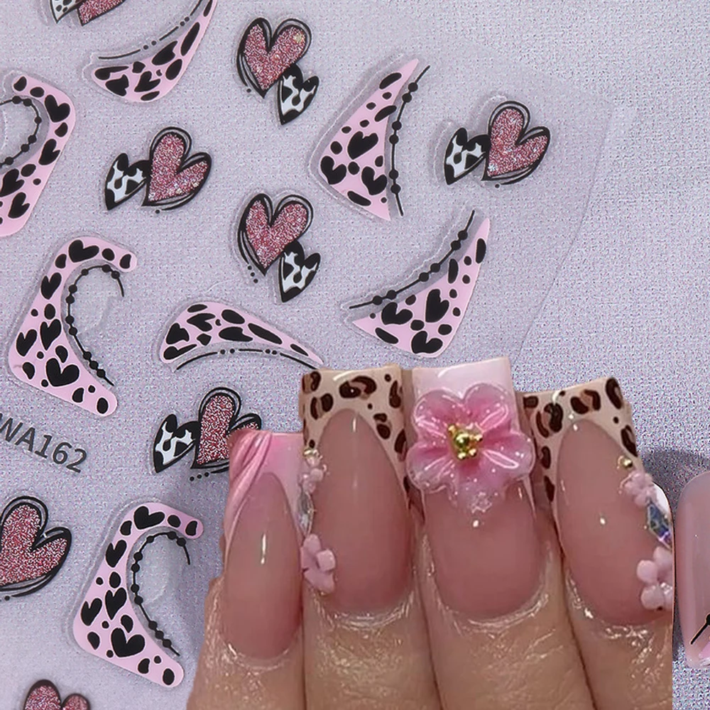 

1sheet 3D Valentine's Day Love heart Leopard Nail Stickers Pink Leopard Nail Decal Waterproof Self Adhesive DIY Manicure Decal