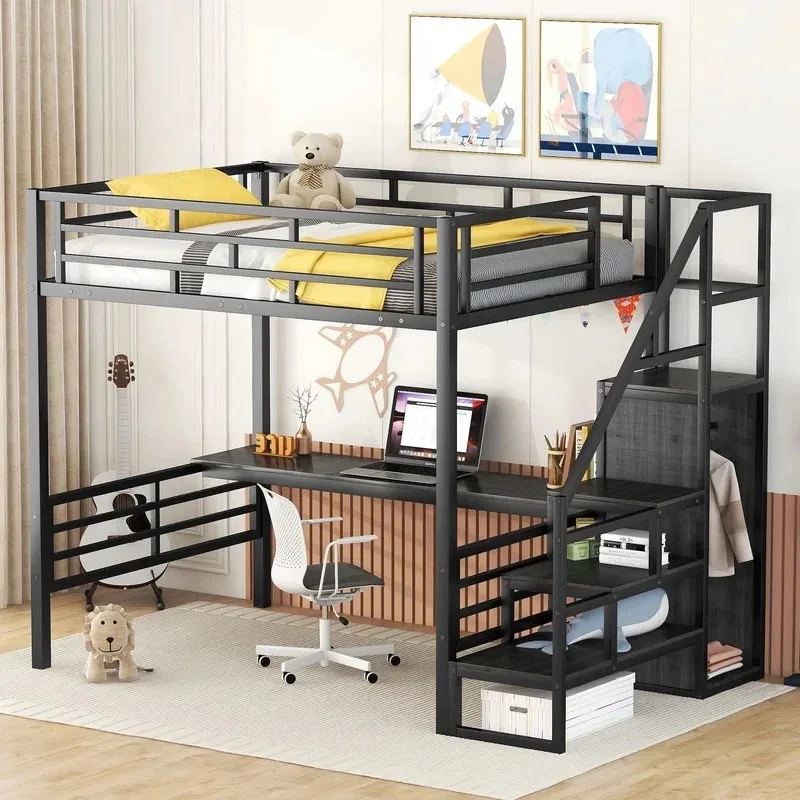 

New single upper level duplex second floor bed space saving bed lower table split level high and low ladder loft bed with wrough