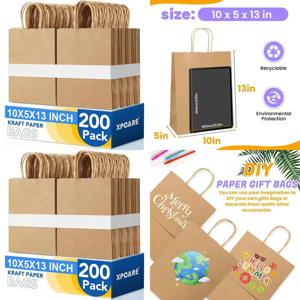 

Bulk 200-Count 10x5x13 Inch Brown Paper Gift Bags with Handles for Weddings, Parties, and Shopping