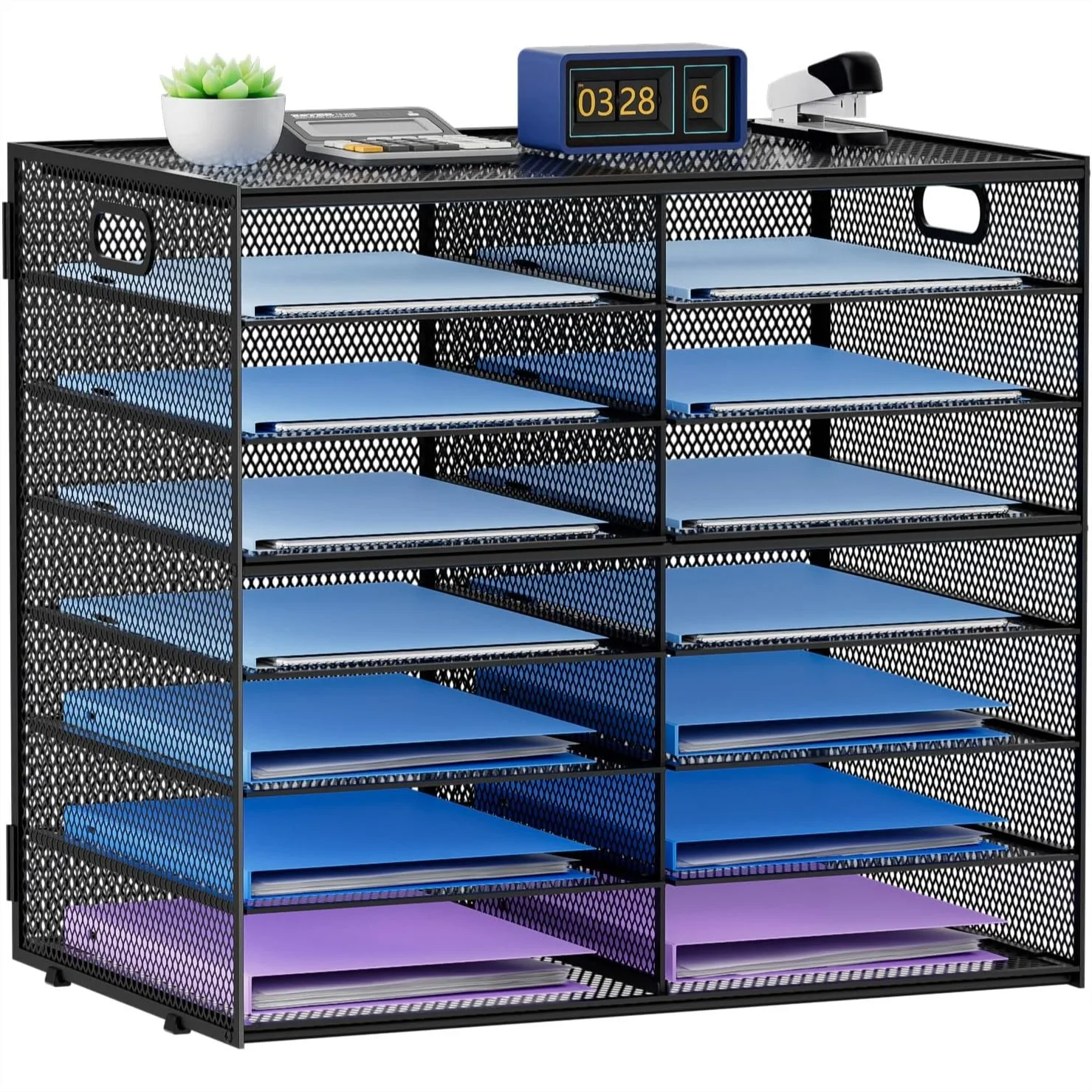 

14 Compartments Paper Organizer for Desk, Mesh Literature Sorter with Handle, Mail File Tray for Office Classroom Home, Black
