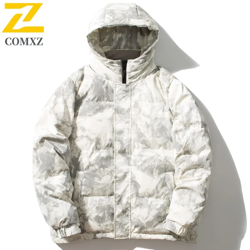 COMXZ 2025 Men Puffer Coat Hooded Outdoor Camping Windbreaker Workwear Versatile Mountain Casual Cold Protection Padded Coat
