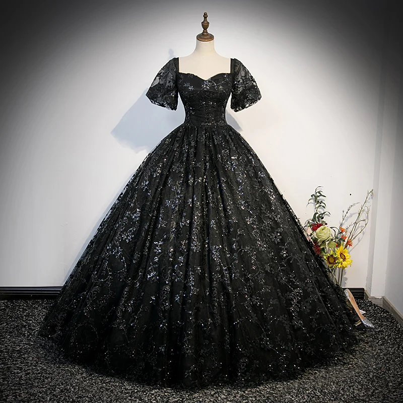 Y & M-Vintage Vestidos Quinceanera Preto, Luxo Beading Sequines, elegante Tulle Ball Gown, Faça Tamanho