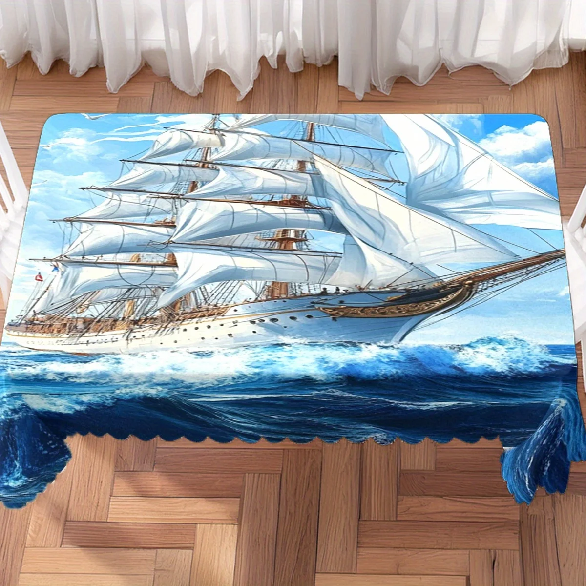 Blue Sea Sky Vintage Clipper Sailboat Print Waterproof Tablecloth, Rectangular Cover for Indoor Dining Table Home Decoration