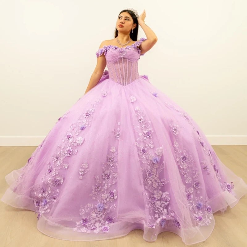 

Light Lilac Quinceanera Dresses Off The Shoulder Applique Flower Beads Tull Party Birthday Ball Gown Vestidos De 15 Anos Sweet