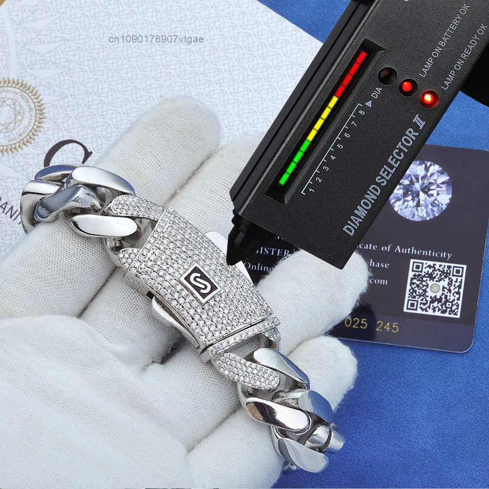 925 NUOYA Silver Cuban Chain Necklace with Iced Out Moissanite Clasp Hip Hop Style Pass Diamond Test Fine Jewelry for Women Men.