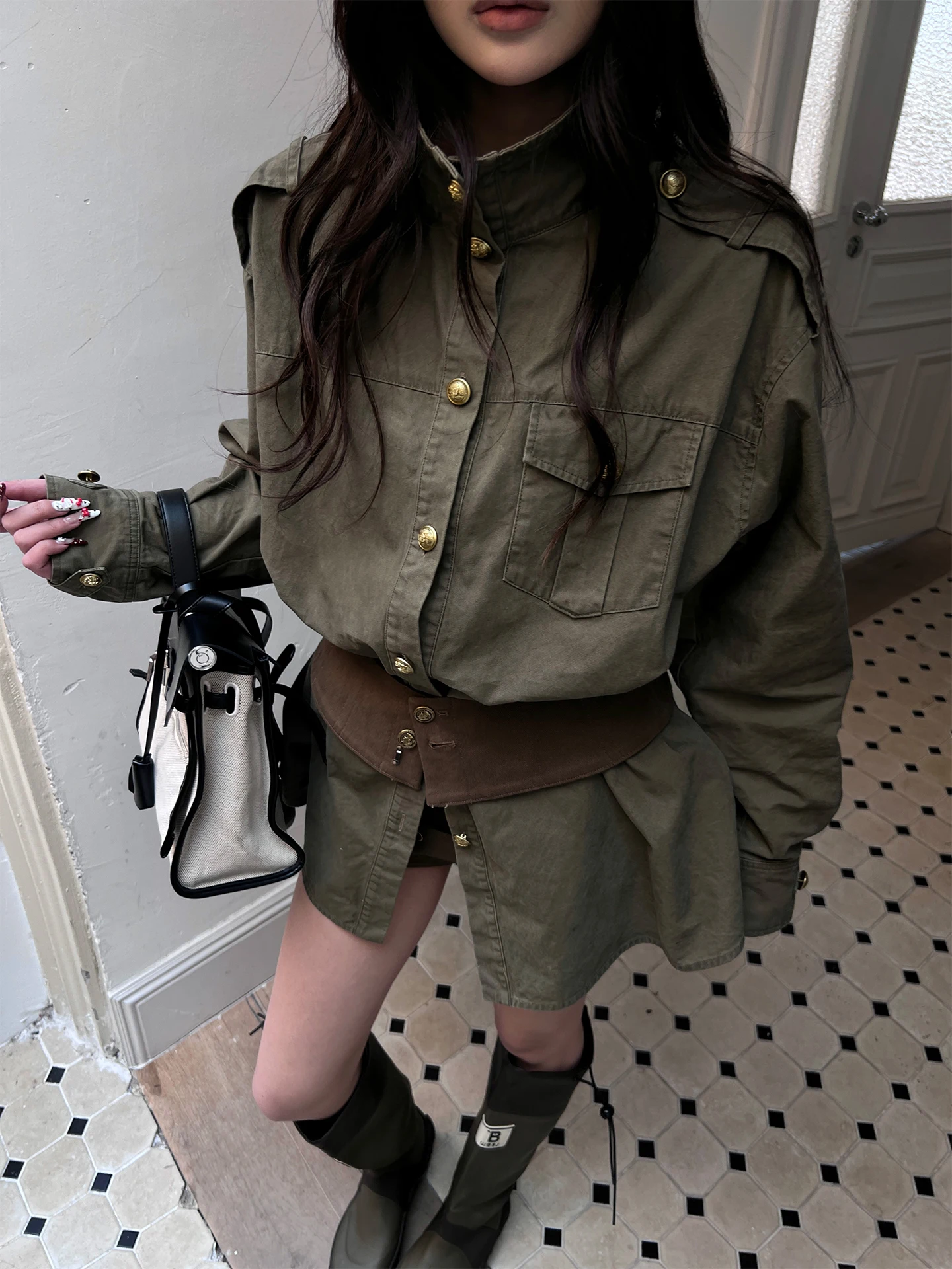 

HYTEMOLY Casual Loose Cotton irt for Women with Metal Bule And Belt Long Sve Ciwalk Wear Breathable Comfortable