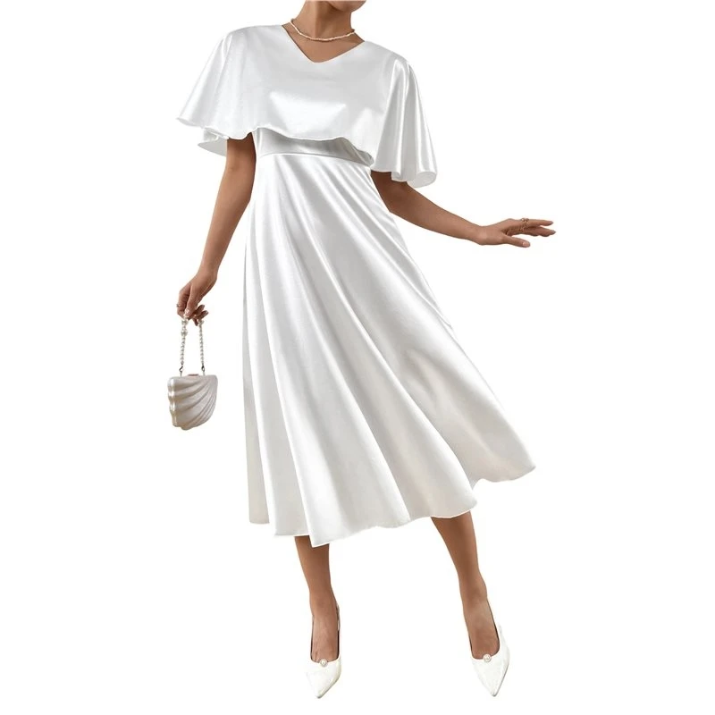Women Solid Glossy Satin Cape Overlay V-Back High Waist Flared Swing Midi Formal Dress White XS Eco-Friendly