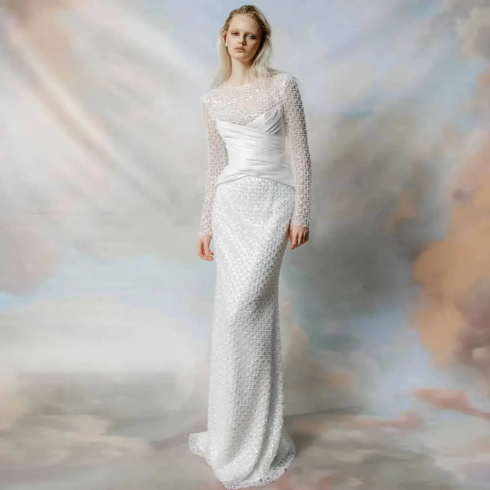 

Модные свадебные платья для гостей, атласные платья-футляры/колонны, современные свадебные платья, белые плиссированные кружевные платья с круглым вырезом, длинные платья для свадебной вечеринки 2023