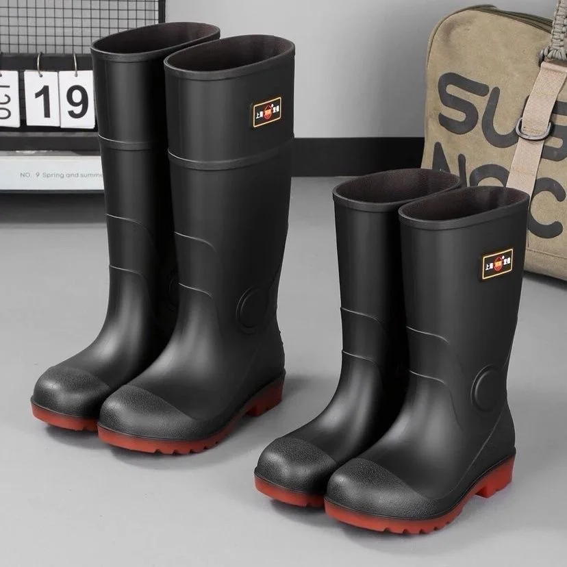 Botas de Chuva Masculinas Double Coin de Cano Médio, Sapatos de Trabalho Reforçados, Botas de Borracha Pretas Impermeáveis, S...