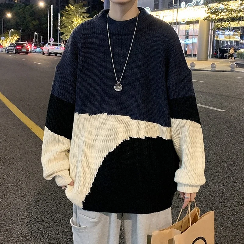 High Quality Men's New Fashion Sweater Oversized Size Plus Thick Winter Warm Casual Round Collar Color Patchwork Pullovers