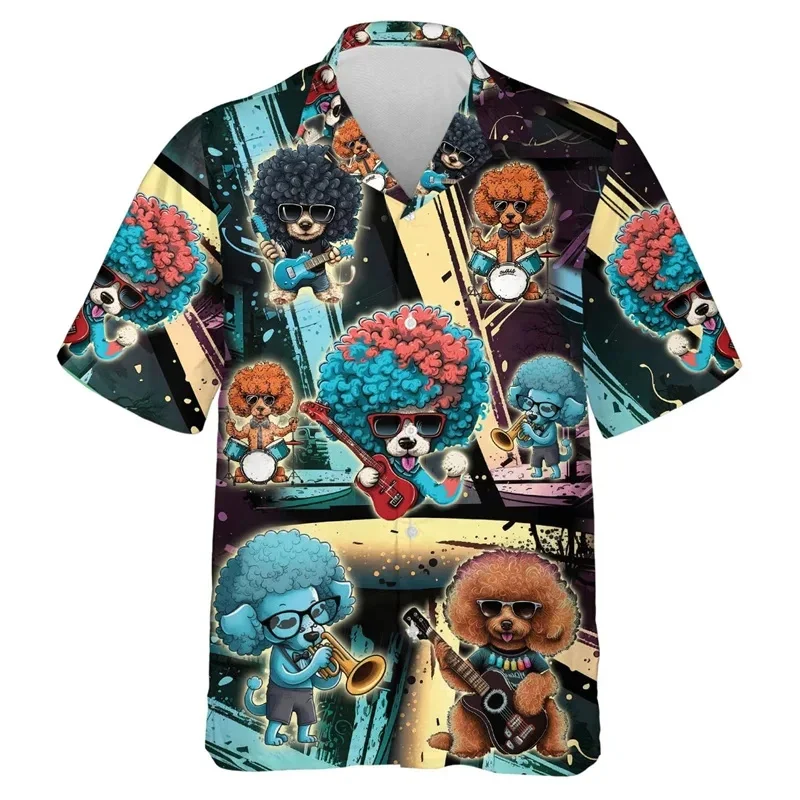 

Men's 3D printed music dog, short sleeved T-shirt with interesting graphic dogs and pets, short sleeved Cuban collar shirt,