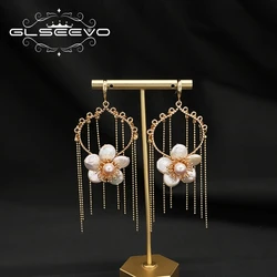 GLSEEVO Natural Baroque Pearls Flowers Tassel pendant Earrings Luxury Jewelry For Women Prom Party Anniversary Gift GE1244
