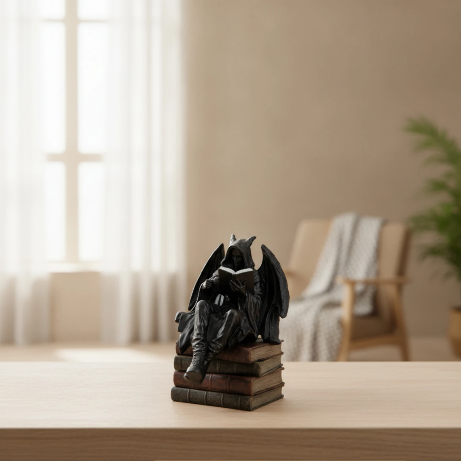 Seated Figurine with Book Dark Fantasy Hooded Figure Figurine Shelf Sitter Gothic Statue Antique Black for Collectors, Bookshelf view 3