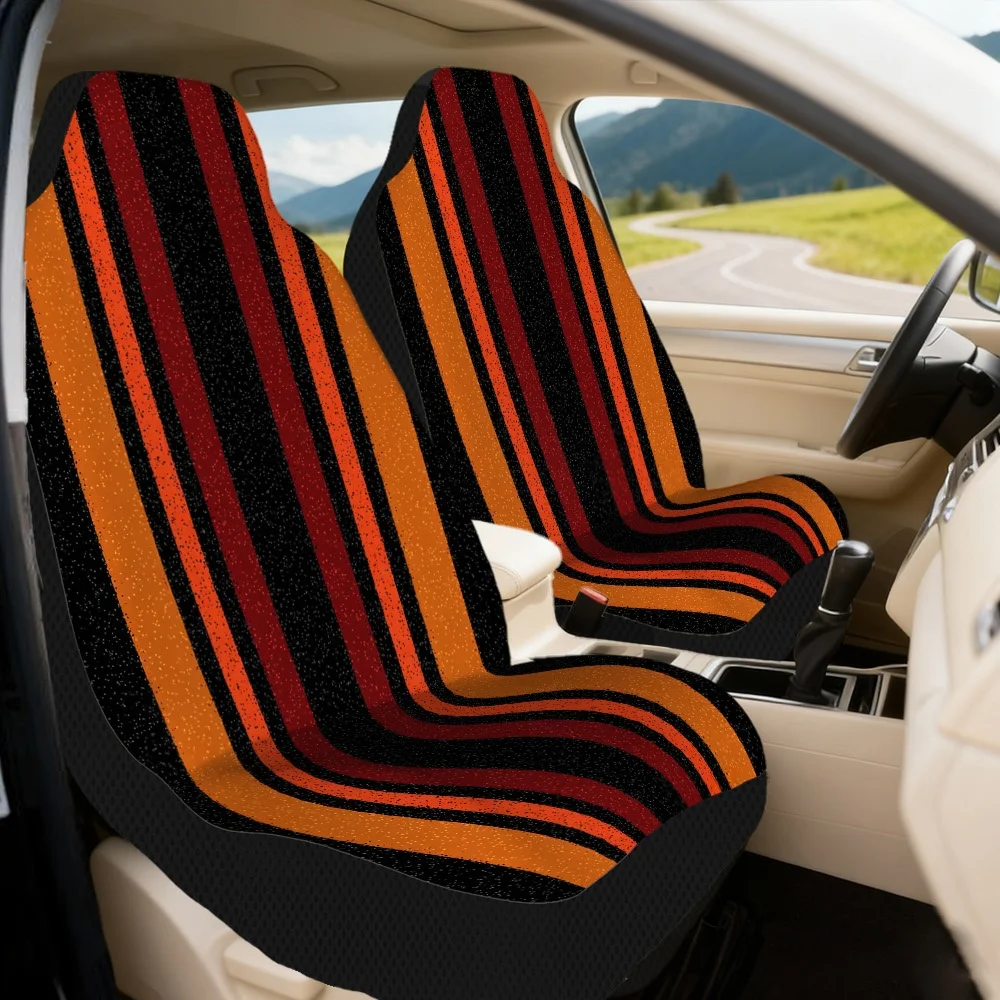 2pcs Halloween Orange Black Stripes Print Car Seat Covers – Universal Fit For Cars, Trucks, Vans, Suvs | Durable Polyester Front