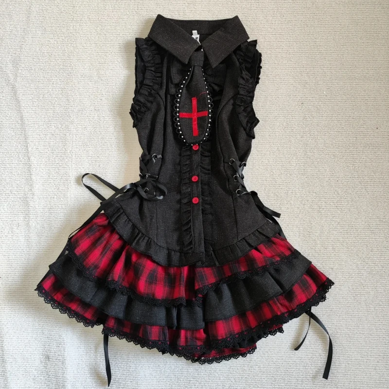 

New Gothic Subculture Women's 2 Piece Set Vintage Black Sleeveless Y2k Tops + Mini Plaid Skirt Fashion Female Chic Retro Outfits