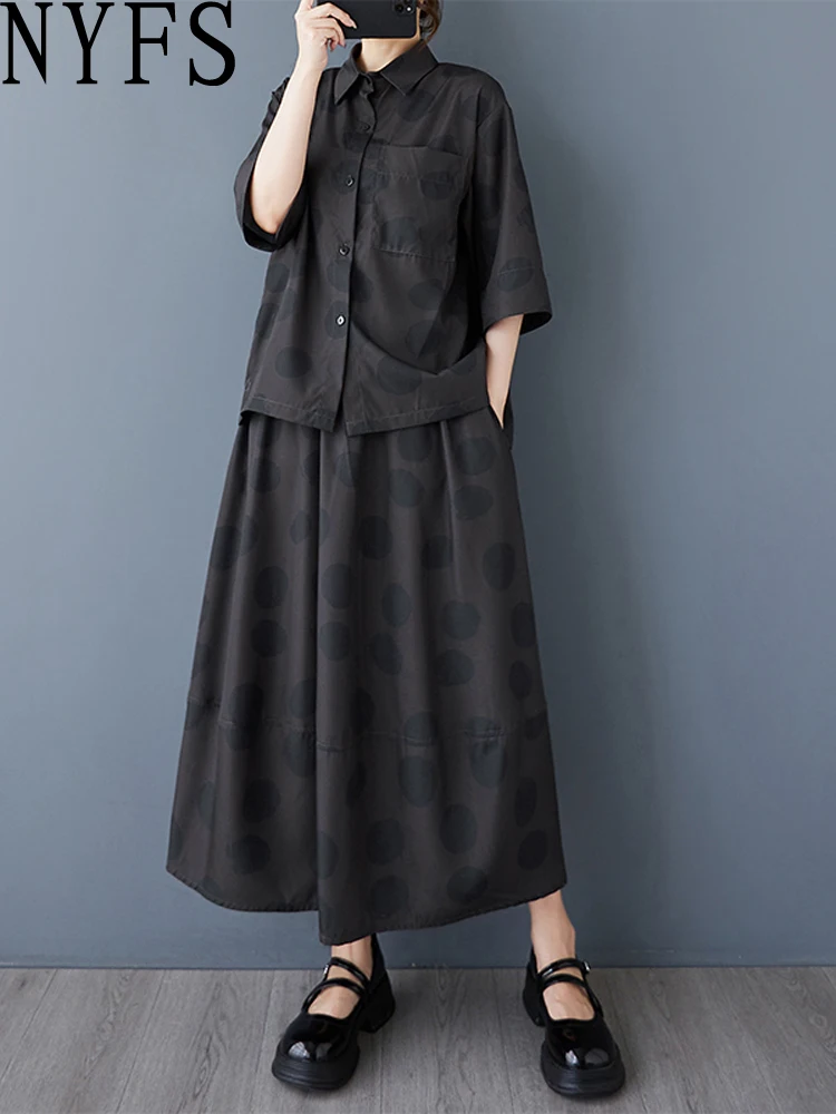 

NYFS 2025 Summer Fashion Loose plus Size Women's Set Short Sleeve Dot Print Shirt And Skirt Ensemble Casual Elegant Women's Outf