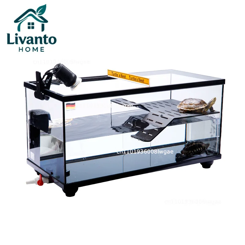 

‌Ultra-Clear Acrylic Turtle Tank with Basking Platform, Drain & Lid for Fish/Turtle - Eco Glass Aquarium for Home