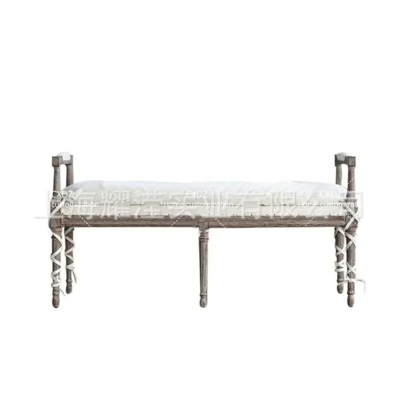 American Solid Wood Retro Handrail Bedside Stool French Log Entryway Shoe Changing Bench Custom Furniture