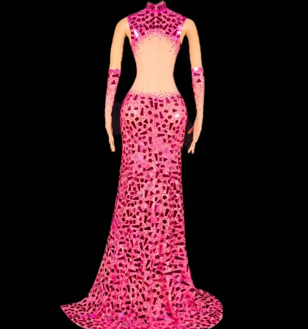 Impresionante vestido de lentejuelas con espejo y diamantes de imitación para mujer, vestido de actuación en escenario de cumpleaños con guantes, disfraz de Drag Queen, fotografía