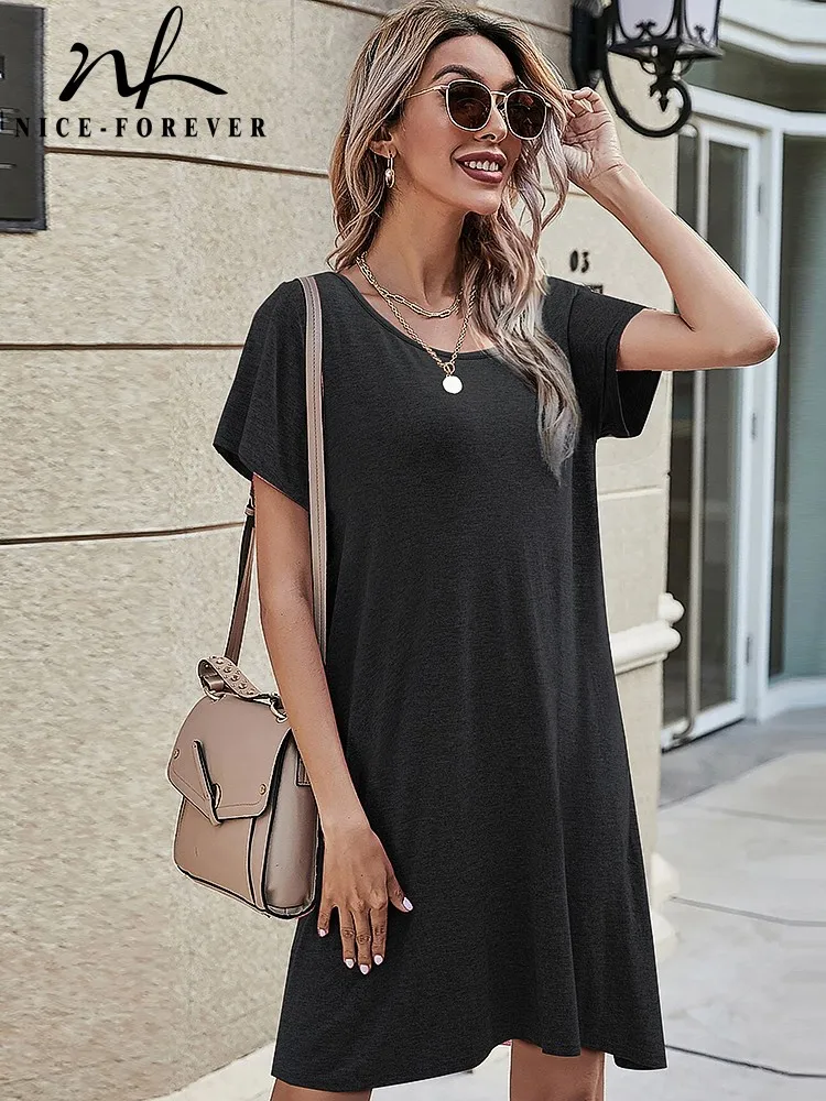 Nice-forever Summer Women Chic Solid Color Dresses Casual Holiday Loose Straight Dress A147