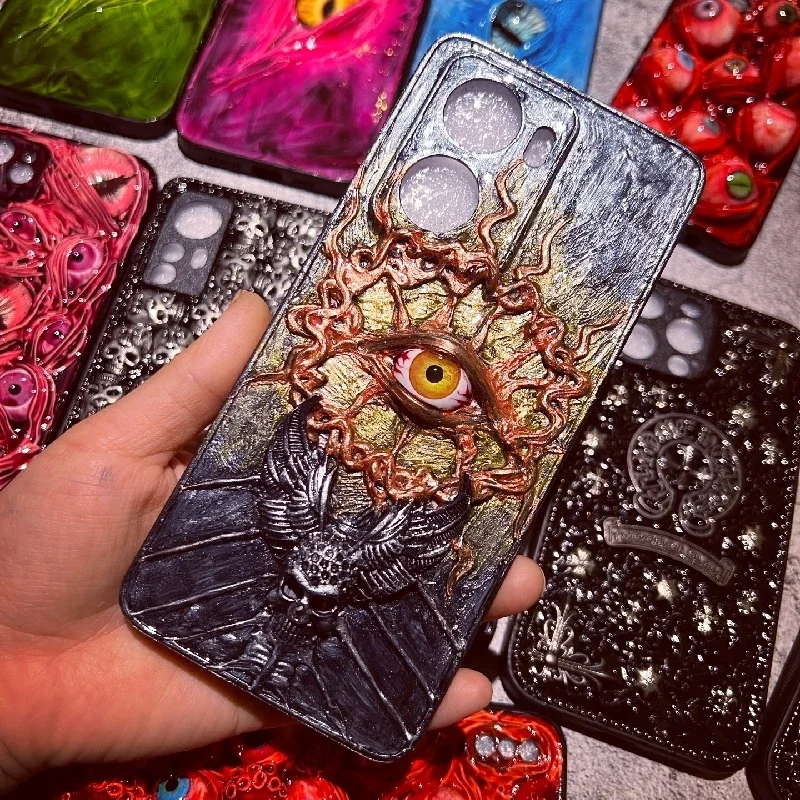 Coque de téléphone portable 3D faite à la main avec des yeux de Cthulhu d'horreur, style métal, art gothique foncé, cadeau personnalisé, 4133 originale