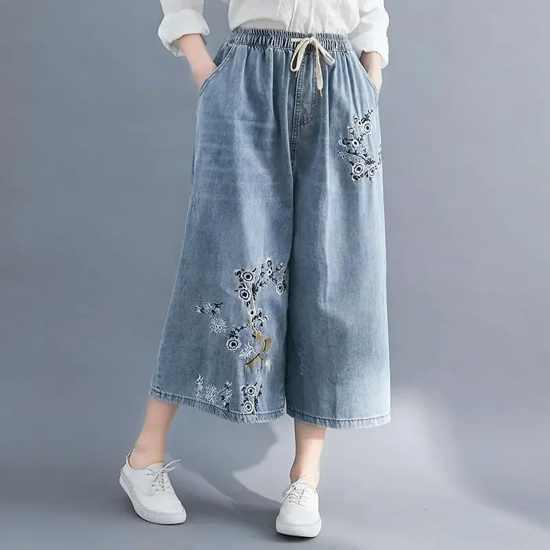Women Wide-legged Pants Denim Short Pants  Embroidery Casual Trouser Woman Clothing High Waisted Loose Fit Casual Solid Design