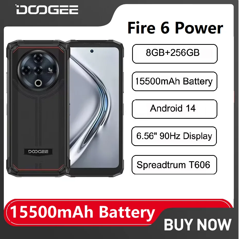 DOOGEE Fire 6 Power 4G Smartphone resistente Android 14 pantalla de 6,56 "90Hz, 8GB + 256GB 15500mAh 50MP cámara extrafluor T606 NFC teléfono